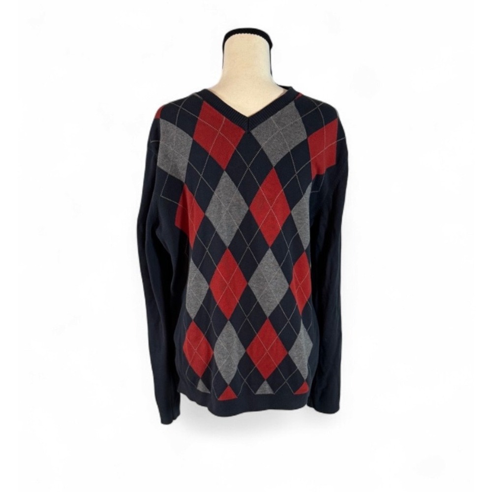 Banana Republic Mens Argyle V-Neck Sweater Navy Blue Red Grey 100% Cotton M